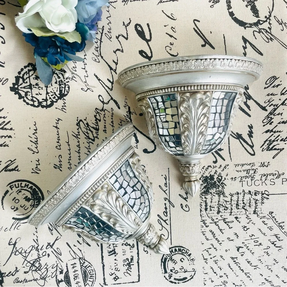 Art Deco Rustic Silver Mosaic Half Moon Wall Decorative Wall Shelf Scones (Set)